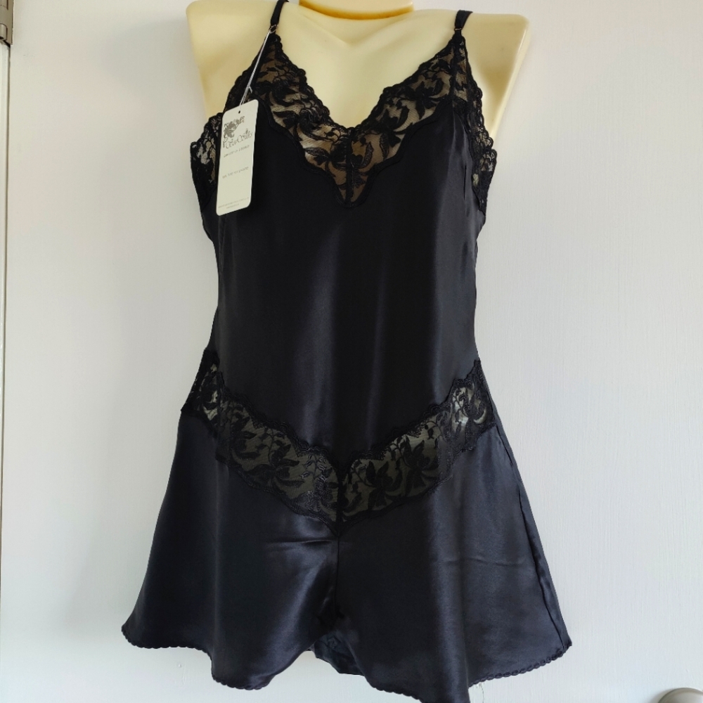 NWT Silk Lingerie Romper | Satin Bodysuit/Playsuit with Lace Midsection- Black